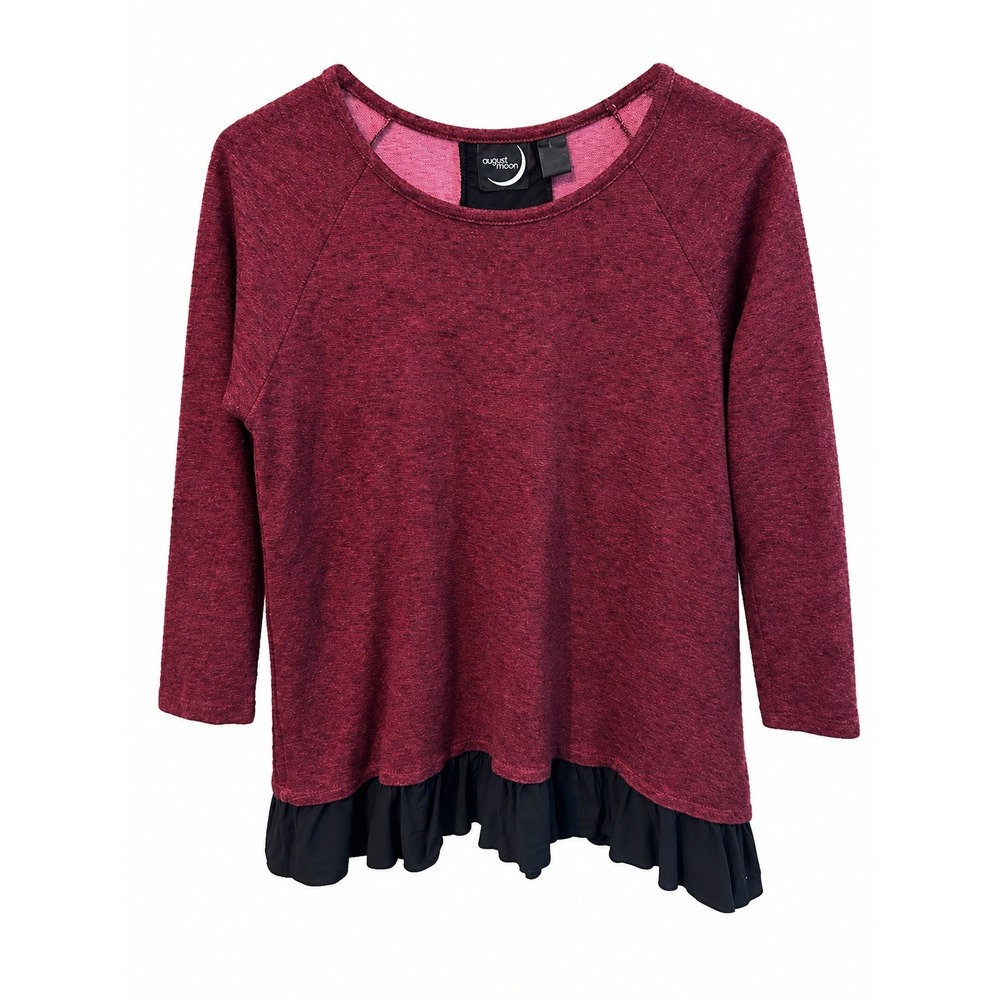 August Moon Ruffle Hem Top Womens Large Burgundy EUC Back Tie Mixed Media